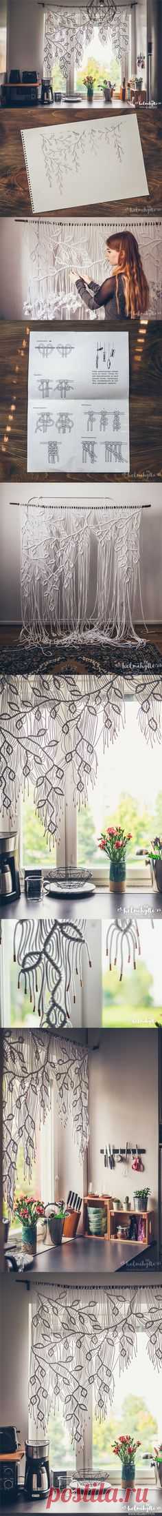 DIY macrame curtain with asymmetric pattern tutorial. Only one knot type used! Copper tape at the ends of the yarn. Original blog post & instructio…