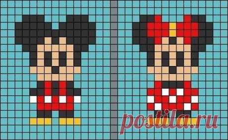 mickey and minnie mouse cross stitch pattern on a blue background with the same color as each other