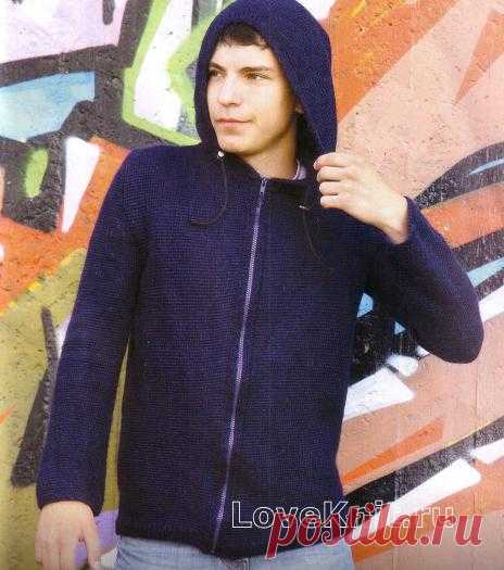Мужской синий жакет с капюшоном схема Для мужчин » Люблю Вязать