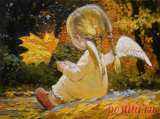 Осенний ангел прячется в дождях.
В листве янтарной, в переливах света,
Теряется на шумных площадях
И верит только в добрые приметы....
Художник Виктор Низовцев
