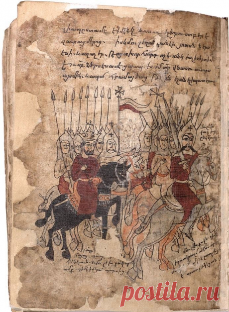 Генерал (спарапет) Мушег Мамиконян (справа), царь Великой Армении Пап и армянское кавалерийское войско азатов (азатагунд) на миниатюре, иллюстрирующей великую победу у подножия горы Нпат на Дзиравской равнине над персидской армией Шапуха II (371 н. э.).

Миниатюра XVI века.