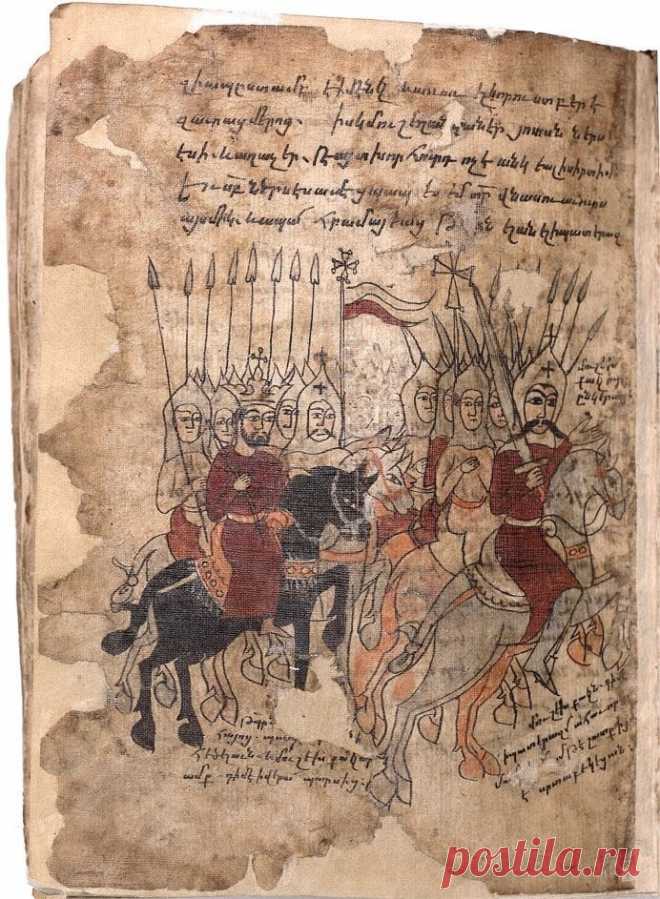 Генерал (спарапет) Мушег Мамиконян (справа), царь Великой Армении Пап и армянское кавалерийское войско азатов (азатагунд) на миниатюре, иллюстрирующей великую победу у подножия горы Нпат на Дзиравской равнине над персидской армией Шапуха II (371 н. э.).

Миниатюра XVI века.
