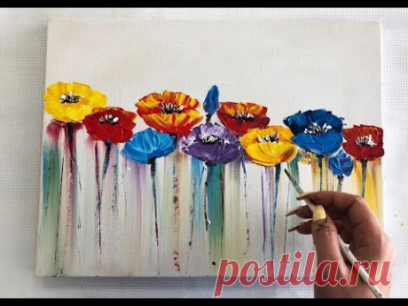 How to draw easy flowers painting / Demonstration /Acrylic Technique on canvas by Julia Kotenko