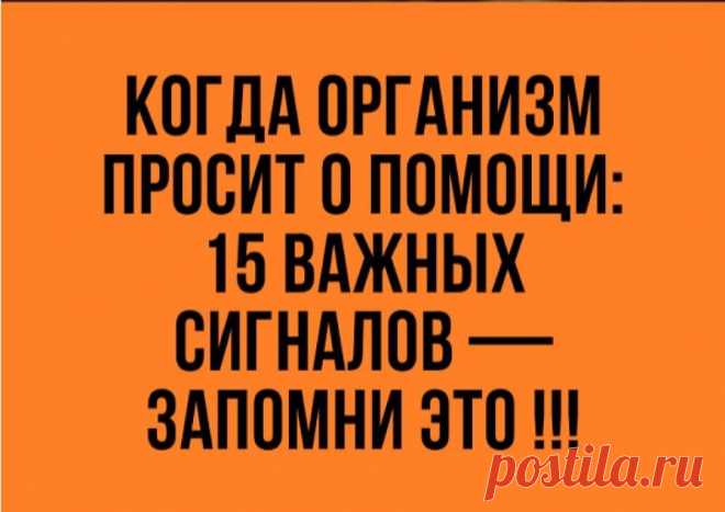 КОГДА ОРГАНИЗМ ПРОСИТ О ПОМОЩИ - 15 ВАЖНЫХ СИГНАЛОВ. 
 
 Прислушайтесь к своему телу!
Оно о многом может рассказать .
 
Человеческий организм устроен абсолютно удивительным образом. Одновременно в нас происходит немыслимое количество процессов.
 И, если случается сбой, то мы обязательно чувствуем что-то необычное. Однако, многие из нас оставляют это без внимания.
 Но ведь всегда лучше устранить проблему в самом ее начале, чем потом бороться с различными осложнениями!
  Ита...