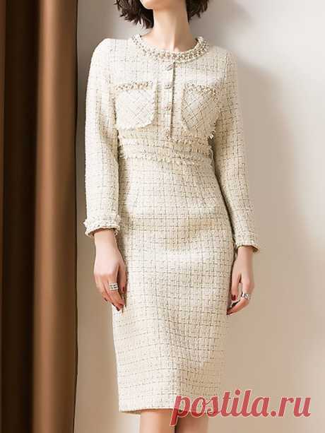 Stylewe Formal Dresses Long Sleeve Casual Dresses Daytime Sheath Crew Neck Beaded Elegant Dresses