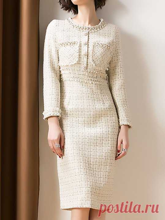 Stylewe Formal Dresses Long Sleeve Casual Dresses Daytime Sheath Crew Neck Beaded Elegant Dresses