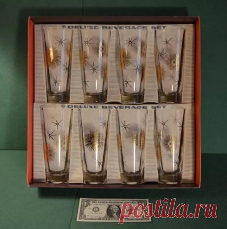8 Vtg Federal Gold Black Atomic Starburst Midcentury Mod Glasses Original Box | eBay