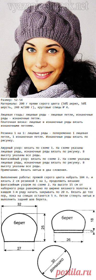 Объемный берет с косами — вяжем спицами | ВЯЗАНИЕ ШАПОК: женские шапки спицами и крючком, мужские и детские шапки, вязаные сумки