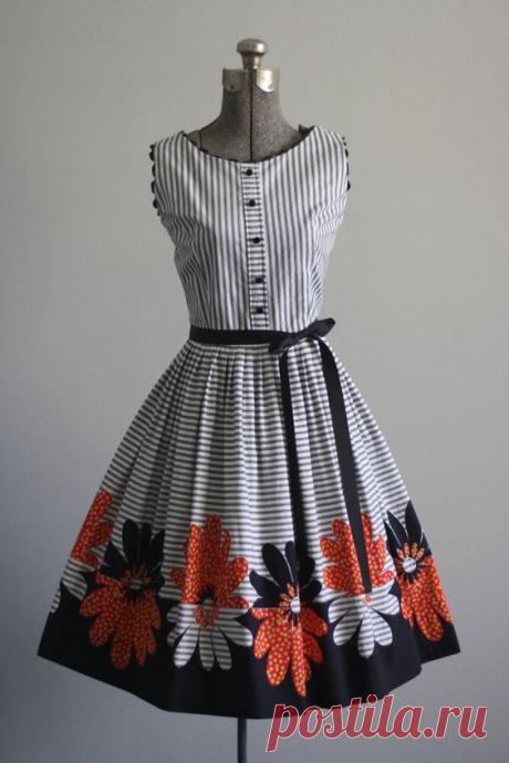 Vintage 1950s Dress / 50s Cotton Dress / Black and White Striped Dress w/ Floral Detailing S