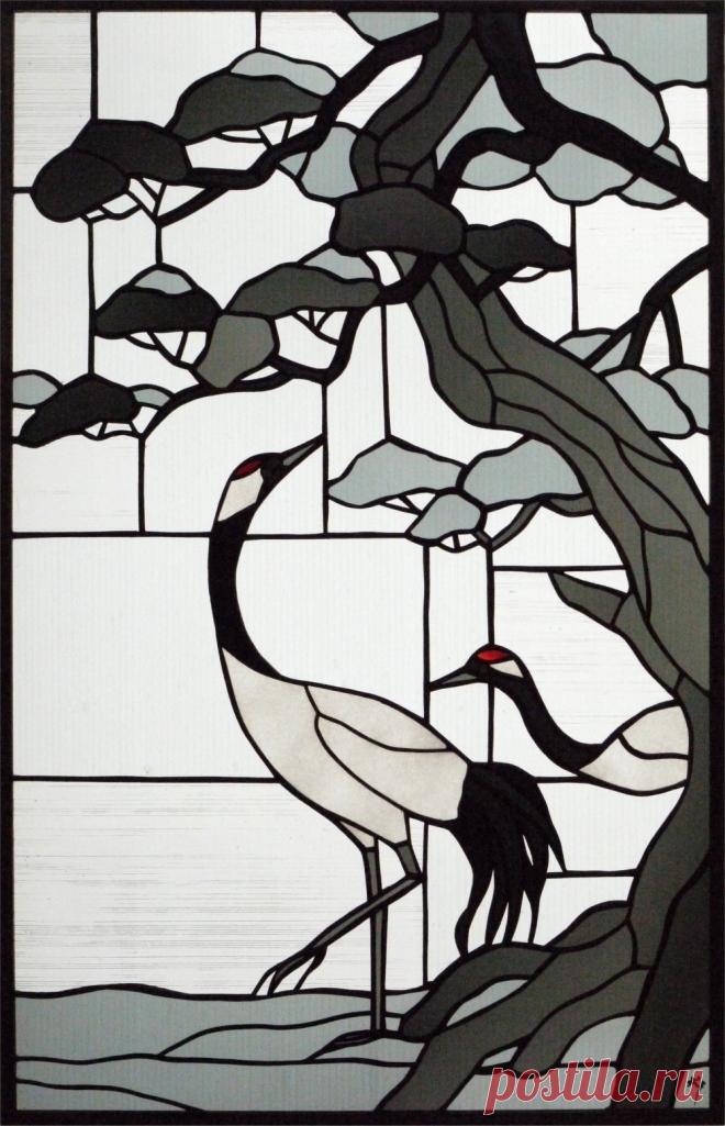 23009「松と鶴」 ステンドグラス工房達風の和風ステンドグラス|23009松と鶴|作品写真と説明