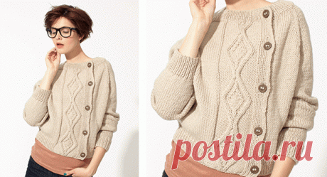 Женский жакет с асимметричным передом вязаный спицами Описание вязания спицами женского жакета с застежкой сбоку. Перед украшен аранами в виде ромбов. Вяжется жакет одной деталь. сверху вниз.