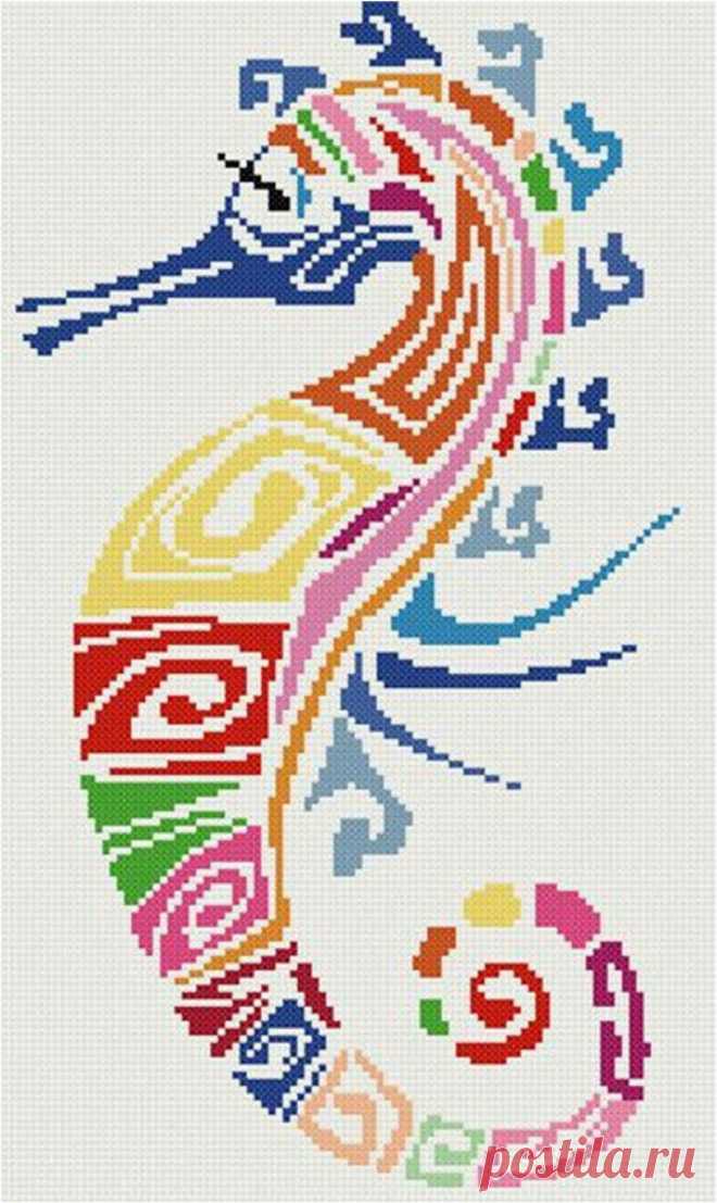 Пин содержит это изображение: Aqua seahorse silhouette cross stitch pattern in pdf