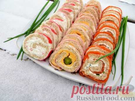 Рецепт: Три праздничных рулета (с красной рыбой, ветчиной и крабовыми палочками) на RussianFood.com