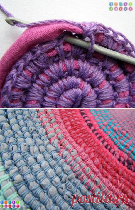 Поделки своими руками - Оригинальный вязаный коврик крючком из старых футболок и пряжи