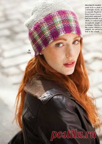 Шапка клош Cloche with Plaid Band Шапка клош (Cloche with Plaid Band) из Vogue зима 2014-2015.  Перед Вами шапка клош с широким околышем шотландкой, вязание которой выполняется спицами платочной вязкой с широким околышем тканным узором.