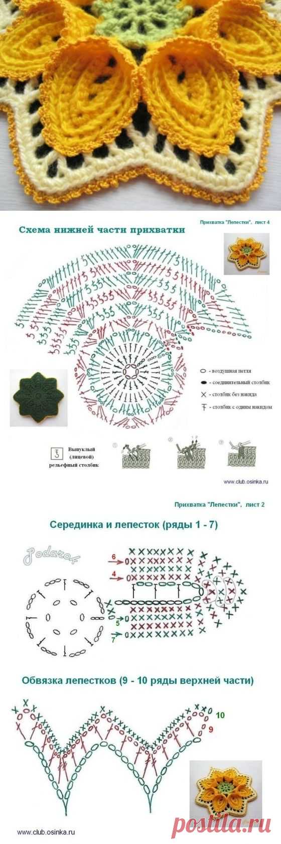 Прихватка вязаная крючком в форме яркого цветка - схема