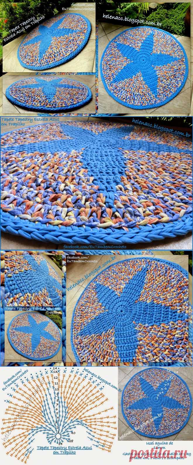 EU TAMBÉM CROCHETO...: Tapete Tapestry Estrela Azul em Trapilho