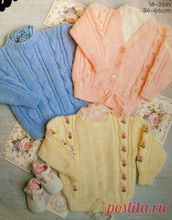 baby knitting pattern vintage cardigans and cable sweater 14-26 inch chest toddler child This item is a PDF file of the knitting pattern for these gorgeous baby items.    Sizes start at premature right up to 26 inch chest.    The pattern will be available for download upon receipt of payment, for you to print out or read from your computer.    All patterns are sent with a UK/USA needle conversion chart.