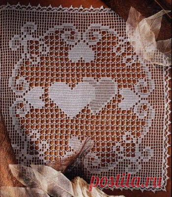 Филейное вязание. Салфеточка с сердечками