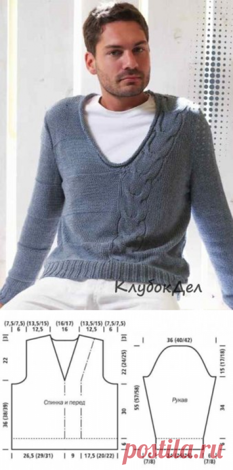 Мужской пуловер с косой. Вязание спицами для мужчин
