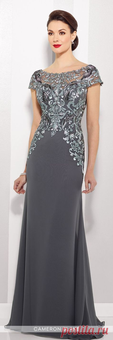 Cameron Blake - 216691 - Chiffon slim A-line gown with lace illusion cap sleeve and bateau neckline over a sweetheart bodice, dropped waist, V-back, sweep train. Matching shawl included.Sizes: 4 - 20Colors: Pewter/Gray, Navy Blue/Turquoise