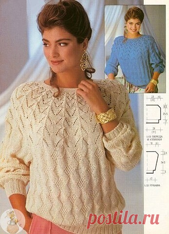 Ажурный пуловер 
Интересно смотрится пуловер и вяжется не сложно. 
 
Размеры: 38/40 (42/44) 
Вам потребуется: хлопчато-вискозная пряжа (дл. 120 м/50 г) натуральная или голубая 700 (750) г, круговые спицы № 3 и № 3,5. 
Резинка (спицами № 3): попеременно 2 лиц. п. и 2 изн. п. 
Узор планки (спицами № 3): попеременно 1 круг лиц. п. и 1 круг изн. п. 
Все последующие узоры вязать спицами № 3,5. 
Основной узор: вязать по схеме 1. 
Узор кокетки: вязать по схеме 2. 
Плотность вязан...