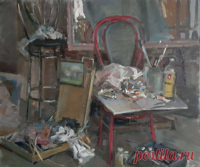 Мастерская. Оргалит, акрил, масло. 50х60 см. 2021 год.