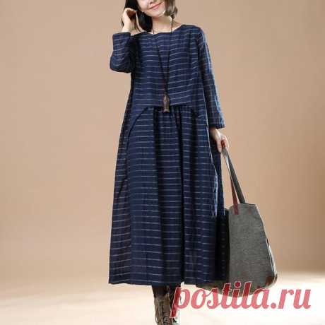 Blue Women cotton loose long sleeve Material:Cotton Collar: Round Neck Sleeve: Long sleeve Waist type: loose waist Style : Casual Style M(Fit For EU36,US6,UK8-10,AU8-10,NZ8-10)Length: 118.00 cm/ 4