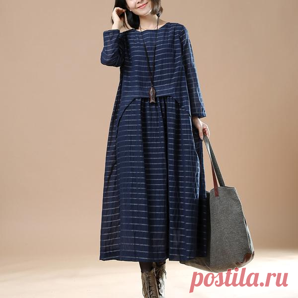 Blue Women cotton loose long sleeve Material:Cotton Collar: Round Neck Sleeve: Long sleeve Waist type: loose waist Style : Casual Style M(Fit For EU36,US6,UK8-10,AU8-10,NZ8-10)Length: 118.00 cm/ 4