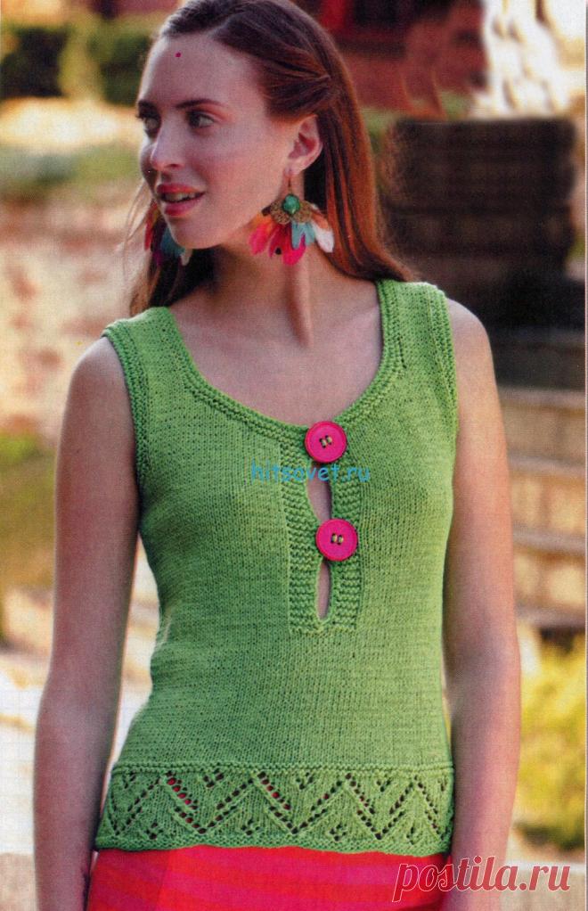 Вязаный топ - Хитсовет Для вязания топа Вам потребуется: 300 г тонкой пряжи (100% хлопок) светло-зеленого цвета и 2 большие пуговицы цвета фуксии.