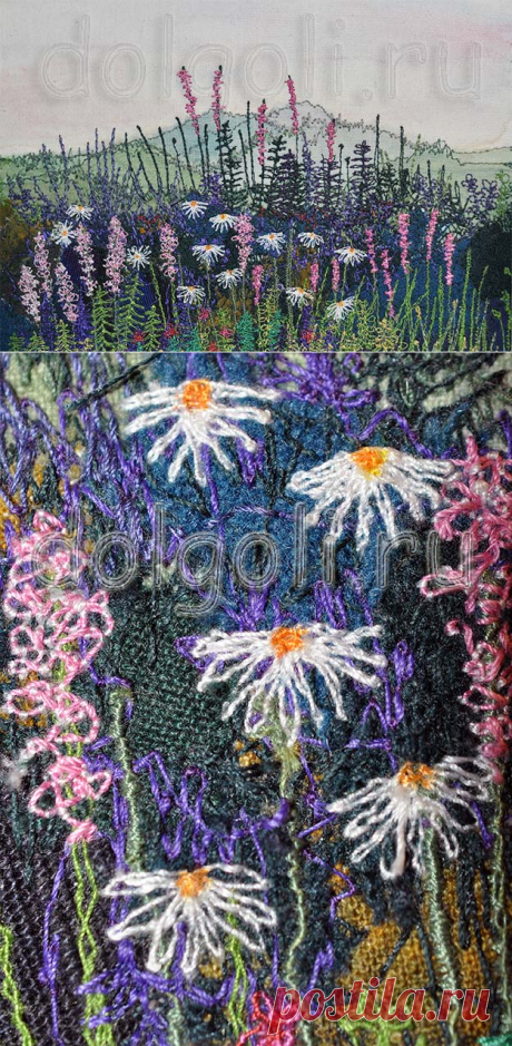 Художественная вышивка пейзажа с цветами в свободной технике