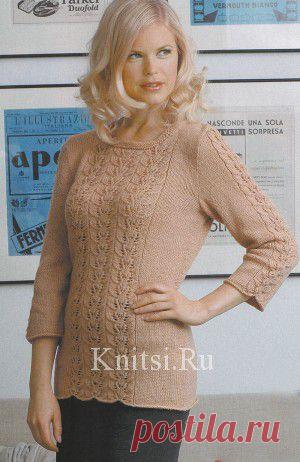 Бежевый пуловер с рукавами три четверти. Вязание для женщин / Пуловеры / Спицами