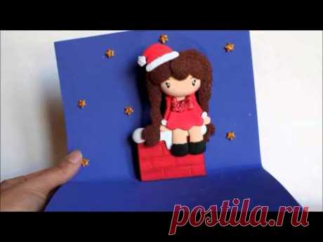 Cartão de Natal 3D em EVA "Bonequinha em cima da Chaminé"