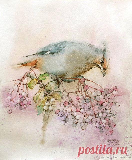 картина акварелью Птица с розовыми ягодами – купить в интернет-магазине на Ярмарке Мастеров с доставкой