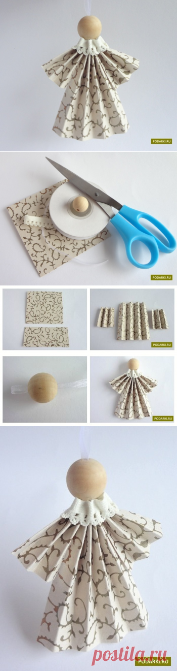 Рождественский ангел

Украшение дома ангелами создает непередаваемую Рождественскую атмосферу. Их можно поместить везде — на ёлке, на столе, на полках или занавесках. Попробуем сделать объемного ангелочка в красивом наряде. Весь процесс займет 20-30 минут.
Нам понадобится:
красивая бумага;
деревянная бусина;
кусочек тесьмы или ленты;
тонкая лента или веревка;
клей.