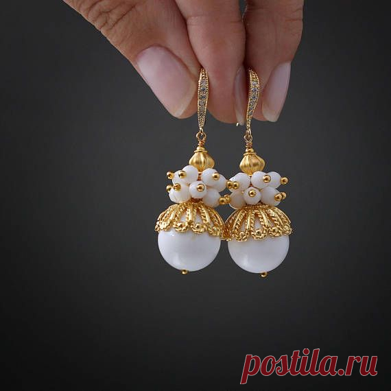 agate earrings bridal earrings stone earrings white earrings drop earrings delicate earrings birthstone earrings wedding earrings gemstone Agate Earrings with Gold plated CZ Details A true statement accessory, bold, daring and feminine. These earrings are absolutely unique and no