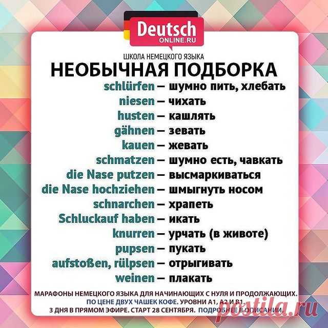 😁 И такие слова нужно знать! Ставьте лайк!
⠀
❓Сложно даются грамматические темы? Хотите просто начать понимать немецкий?А может быть вы любите путешествовать и хотите вспомнить базовые знания?
⠀
🇩🇪Тогда приглашаем вас 28 сентября на марафоны немецкого языка для уровней A1, A2 и B1 - это 3 дня и 3 онлайн-урока в прямом эфире с преподавателем на лучшей образовательной платформе!
⠀
✅Чтобы записаться, напишите в личные сообщения «хочу на марафон» или перейдите по ссыл...