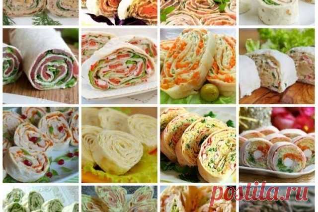 20 Начинок для рулета из лаваша. Сохраните!
 
1. Упаковка крабовых палочек, пара зубчиков чеснока, вареное яйцо, тертый сыр, зелень, майонез. 
 
2. Пачка творога, соль, зелень, пара зубчиков чеснока, несколько ложек майонеза. 
 
3. Пачка творога, соль, зелень, пара зубчиков чеснока, тертый сыр, кусочки соленого огурца. 
 
4. Жареные с луком шампиньоны, зелень и упаковка (200 гр.) плавленного сыра - подойдет янтарь, дружба, сливочный, виола. Можно для остроты добавить мелко...