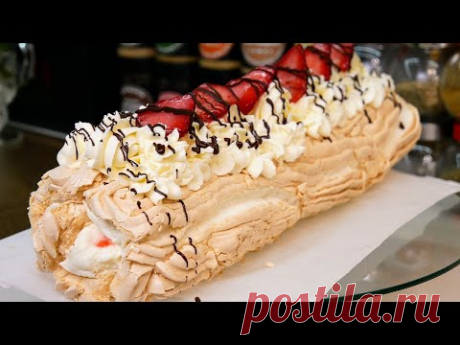 Рулет ПАВЛОВНА с клубникой. Меренговый РУЛЕТ, цыганка готовит.