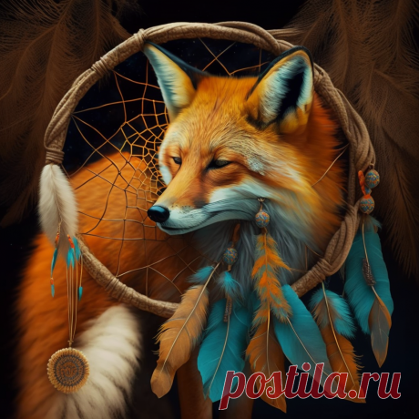 Созданная нейросетью иллюстрация с ловцом снов и лисой