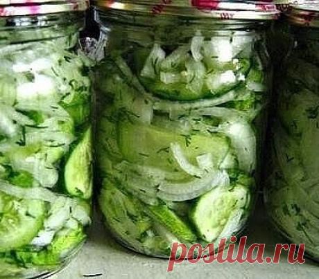 САЛАТ ИЗ ОГУРЦОВ НА ЗИМУ «ЗИМНИЙ КОРОЛЬ» (СТЕРИЛИЗАЦИЯ НЕ ТРЕБУЕТСЯ)
Это один из самых распространенных рецептов салата из огурцов на зиму. Дешево и сердито. Bкусный и простой салат – продукты для него нужны самые простые, и приготовить несложно. Важно выдержать пропорции, тогда получится вкусно – пальчики оближешь! А яркий зеленый цвет салата будет радовать зимой ваш глаз.
Вся прелесть данного салата заключается в том, что в нём даже зимой сохранится вкус и аромат свежих огурчиков, будто