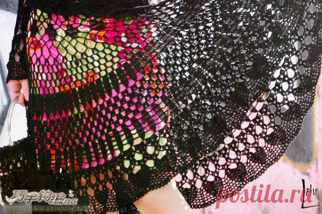 Прозрачная юбка крючком с цветным подкладом