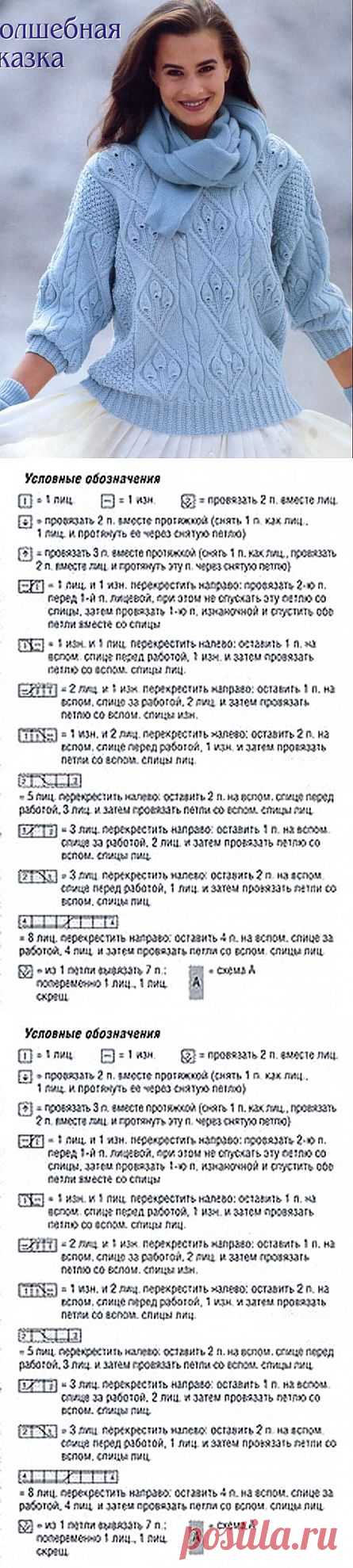 Голубой пуловер с узором из листьев.