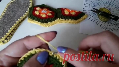 Вязаные тапочки из шестиугольных мотивов крючком