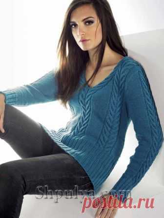 Голубой пуловер с v-образным вырезом, вязаный спицами - SHPULYA.com