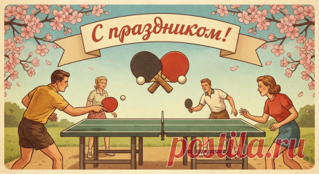 Поздравляю со Всемирным днём настольного тенниса и желаю ловкости рук, концентрации внимания, чётких движений и ни единого промаха. Открытки на Всемирный день настольного тенниса!