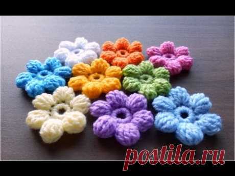 かぎ針編みの玉編みの花（長々編み5目）の編み方　 How to Crochet 3D-flower / Crochet and Knitting Japan