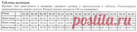 таблица размеров из журнала "Золушка вяжет"
