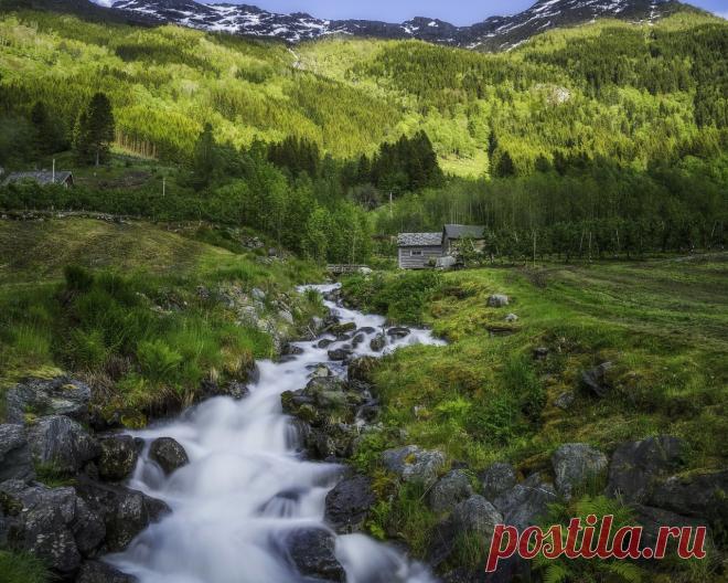 Картинки норвегия, лес, ручей, скалы, гора, хижина, зеленый - обои 1280x1024, картинка №398773