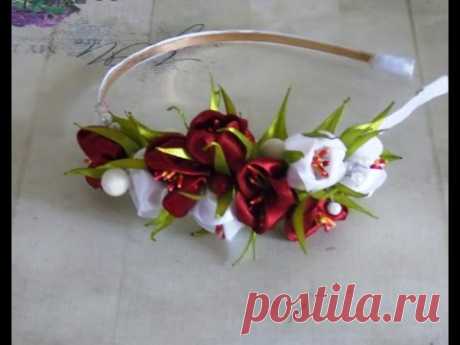 Ободок для волос "Тюльпан" из атласной ленты, мастер-класс
